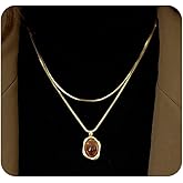 Quivox Chunky Gold Statement Necklace for Women Vintage Tigers Eye Stone Pendant Necklaces Charm Brown Necklace Trendy Prom Everyday Jewelry Accessories