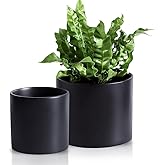 Nihow Flower Pot - 5 & 7 Inch Ceramic Planter Pots for Indoor Plants - Herbs/Snake/Succulent/Orchid Cylinder Plant Pot - Matte Black (Set of 2) - Plants not Included