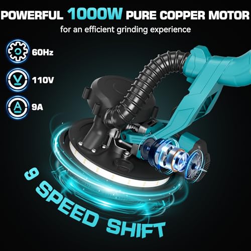 Drywall Sander with Vacuum Dust Collector, 1000W Popcorn Ceiling Removal Tool, Electric Drywall Sander with Digital Display Screen 9 Variable Speed 800-2100RPM, Foldable Extendable Handle