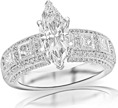 1.98 Carat GIA Certified Marquise Cut / Shape 14K White Gold Exquisite Bezel Set Princess Cut And Pave Set Round Diamond Engagement Ring ( D Color , VVS1 Clarity )