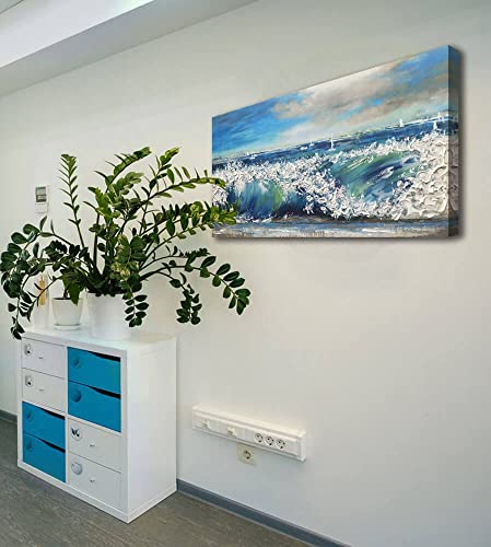 Canvas Wall Art Blue Abstract Seascape Painting Large Size Ocean Waves Single Picture Print, Blue Sky And White Clouds Modern Scenery Sailing Boat In The Ocean Art Frame Living Room Bedroom Home