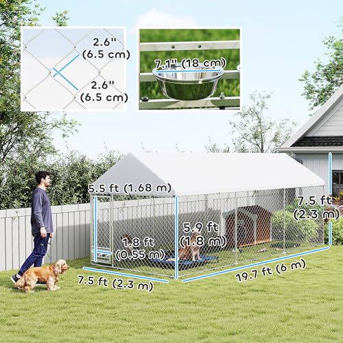 PawHut Outdoor Dog Kennel with Roof, Heavy Duty Dog Run Outdoor Fence Cage with Adjustable & Rotating Bowls, Water-Resistant UV-Resistant Cover, Secure Lock, 19.7' x 7.5' x 7.5'