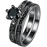 BOHG Jewelry Womens Black Gold Plated Temperament Rings Set Round Princess CZ Cubic Zircon Bridal Wedding Size 6