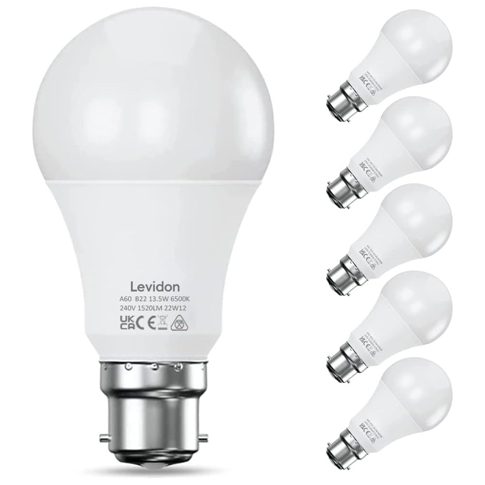 Levidon Bayonet Light Bulbs 100W Equivalent, Cool White 6500K,13.5W 1520LM Super Bright LED Bayonet Bulb, Daylight B22 LED Bulbs, BC GLS Energy Saving Lightbulbs Bayonette, Non-dimmable, Pack of 6
