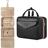 flaxarne Portable Travel Toiletry Bag for Women Make Up Organizer with Hanging Hook Waterproof PU Leather Cosmetic Bags with 4 Compartments 13 * 9 * 5 Inches Black