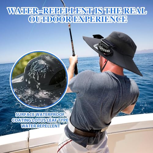 Solar Fan Sun Hat Wide Brim Hat Outdoor Wide Brim Sun Hat with 2 Solar Fan Fishing Hat, Hat UPF 50+, Removable & USB Charging
