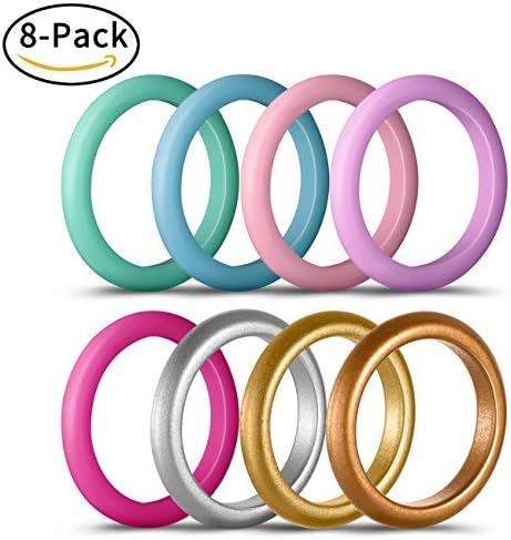 Coomammy Silicone Wedding Rings for women, Thin and Stackable Flexible and Comfortable silicone rings-8 Pack,Enjoy your life-the best gift choice, size 7 (17.3mm)