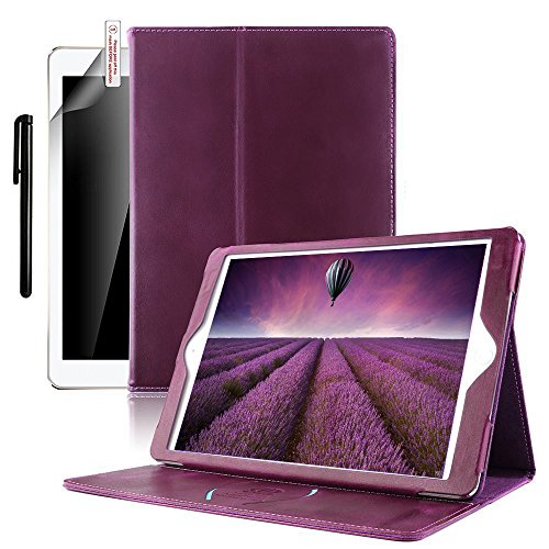 Ipad 9.7 2017 Hülle, Boriyuan Echt Leder Case Schutztasche aus echtem Leder mit Standfunktion, Auto Sleep Wake up und Fach für Kreditkarten, mit Displayschutzfolie + Stylus für das Apple Neu Ipad 9.7 Zoll - (Lila)