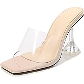 Women's Clear Square Open Toe High Heel Sandals Fashion Slip On Backless Crystal Stiletto Heel Slide Sandals Sexy Wedding Party Prom Dress Shoes 4.5-14 Size