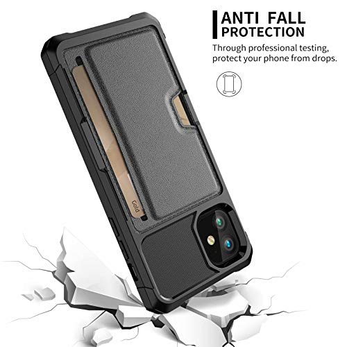iPhone 11 2019 6.1 Case, Ranyi Slim Carbon Fiber Wallet Case with Credit Card Holder Slot Shock Absorbing Resilient TPU Rubber Defender Protective Case for Apple 2019 6.1 Inch iPhone 11 (Black)