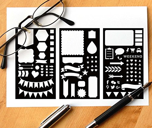 GSS Designs Pack of 3 Journal Stencils 10 mil Thick Journal/Notebook/Diary Drawing Template Planner Stencil 4x7 Inch (SL-002)