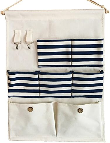7 Pockets Navy Striped Linen Cotton Fabric Hanging Wall Door Closet Storage Organizers Bags (Blue and White Stripes)