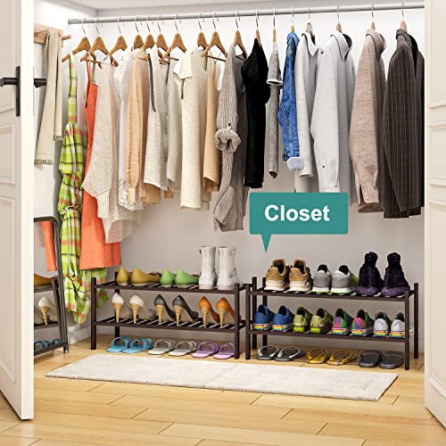 2-Tier Black Bamboo Shoe Rack for Entryway, Stackable Foldable