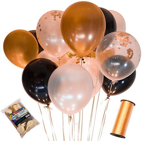 110 Party Balloons + 100 Yards Gold Curling Ribbon Roll Set By Nambri: 34 Gold Balloons | 33 White Balloons | 33 Black Balloons | 10 Gold Confetti Balloons - 12-Inch Opaque Latex Balloons For Parties