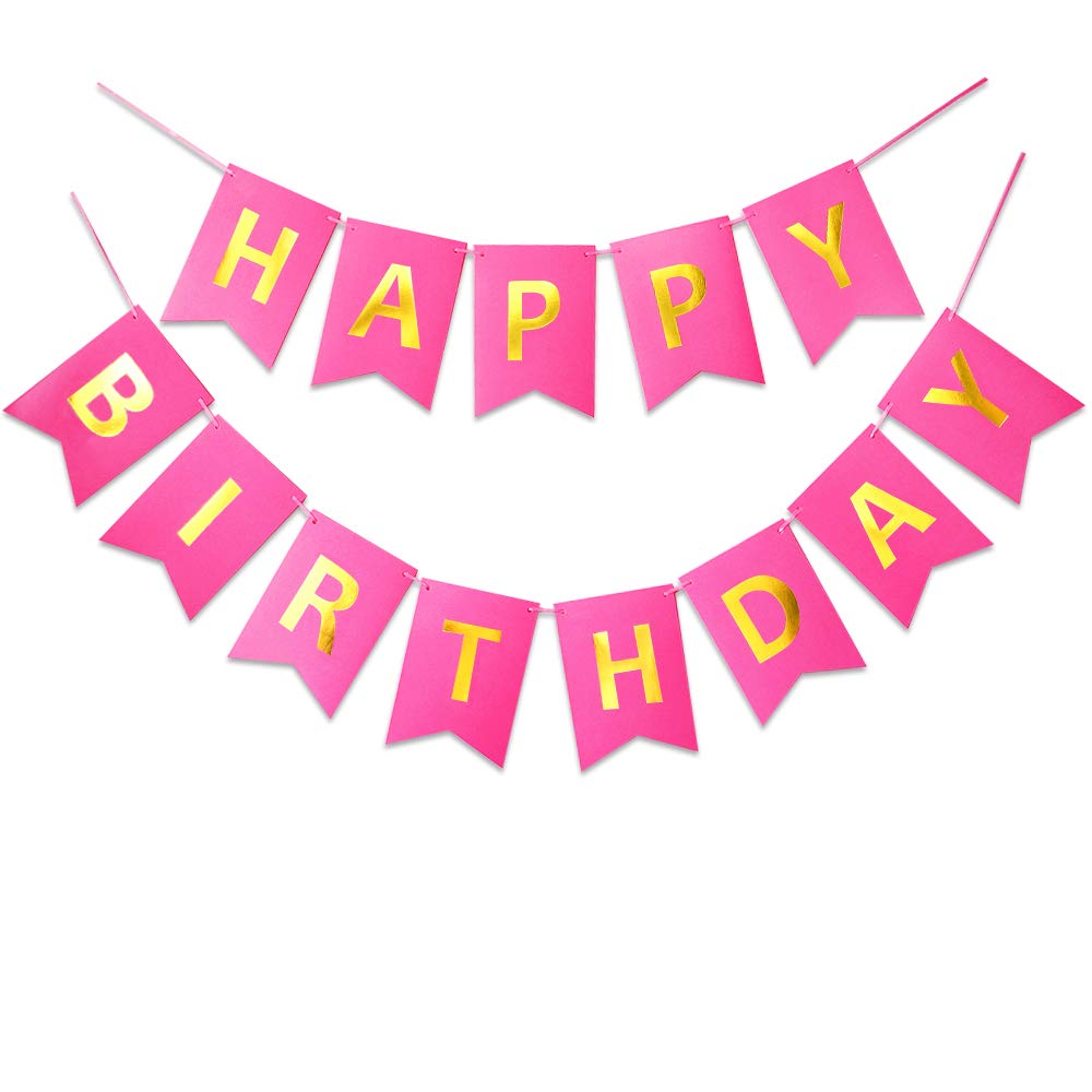 Letjolt Happy Birthday Banner Pure Roseo Party Signs Golden Sparkle Bunting Funny Supplies for Girls Birthday Party Decorations 13 Pieces