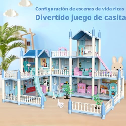 deAO Dollhouse Villa for Girls, 3-Story Dream Dollhouse with Furniture and Slides, Stairs, Fences, Dog Doll, Princess Castle Playset, Gift for 6+ Year Old Girls (Blue)