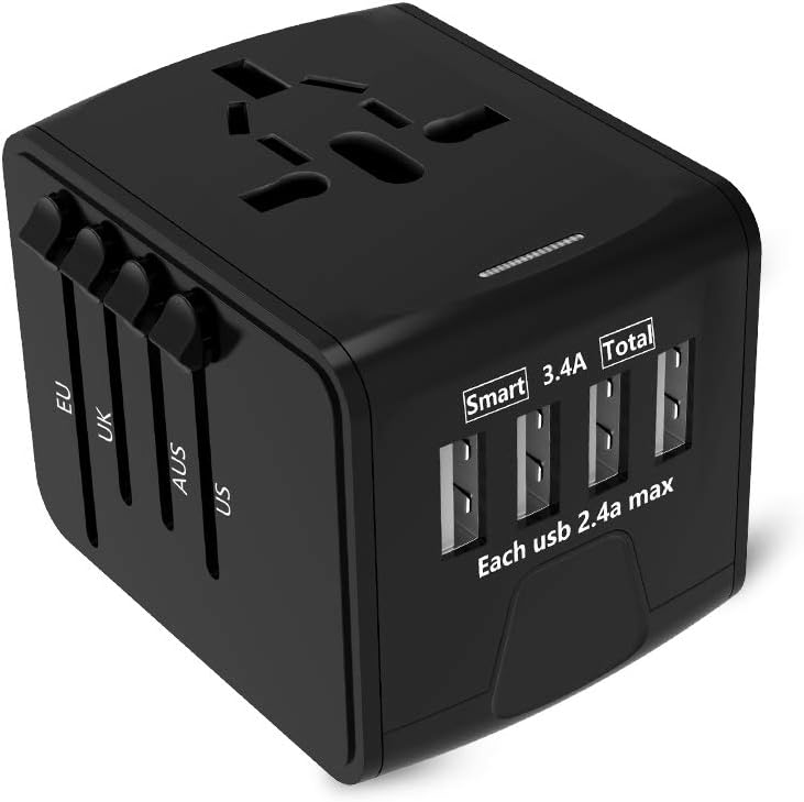Universal Travel Power Adapter Plug, All in One International Travel Power Converter with High Speed 3.4A 4X USB Charging Smart Plug Worldwide Travel Wall Charger Plug Adapter for US EU UK AUS (Black)