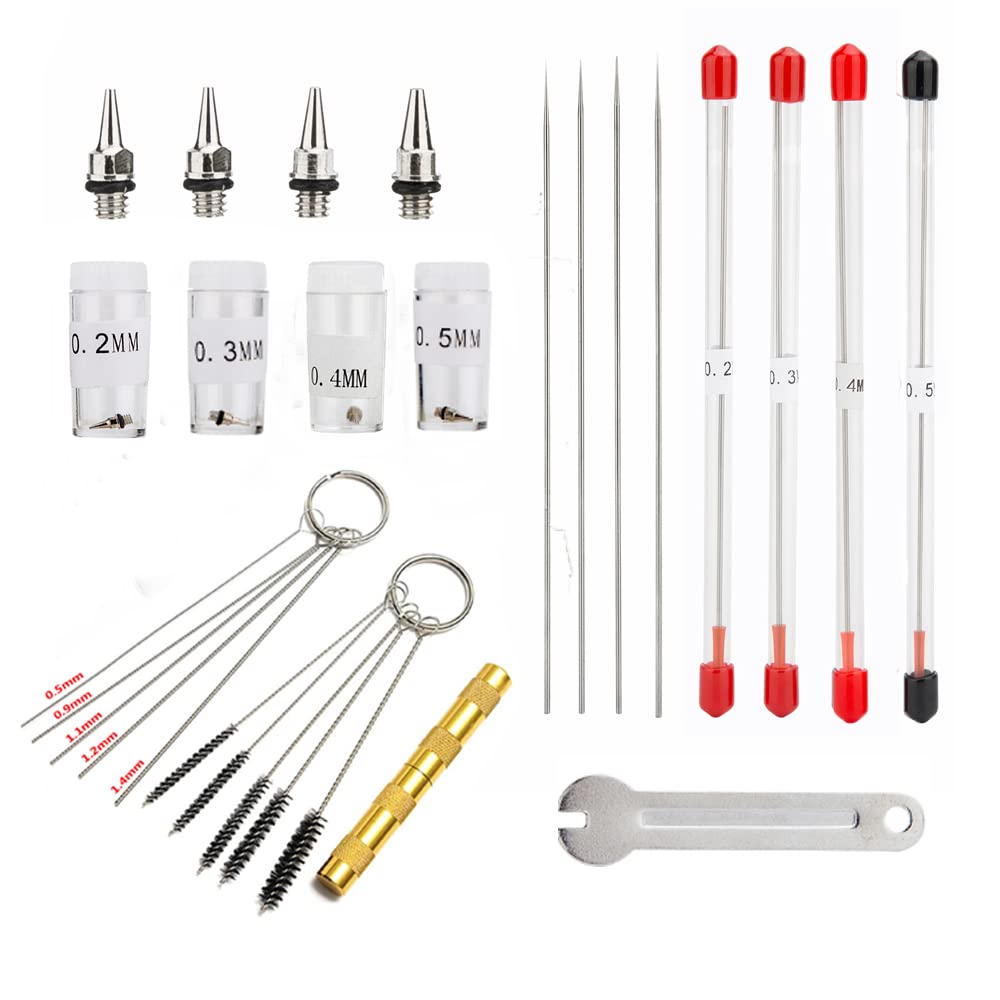 Uouteo Airbrush Nozzles & Needles Replacement Parts (0.2mm, 0.3mm, 0.4mm, 0.5mm) with 11 in 1 Cleaning Repair Tool for Airbrush Gun