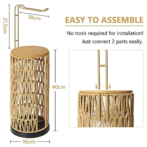 Freestanding Toilet Paper Dispenser Storage with Shelf, Standing Bathroom Toilet Paper Dispenser, Boho Rattan Toilet Paper Storage for 4 Rolls of Toilet Paper