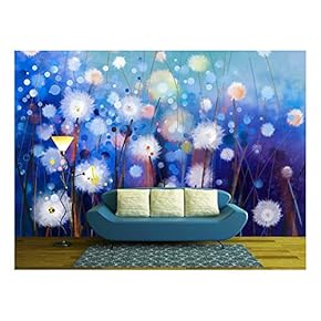 Abstract Oil Painting White Flowers Field in Soft Color. Oil Paintings White Dandelion Flower in The Meadows - Removable Wall Mural | Self-Adhesive Large Wallpaper - 66x96 inches
