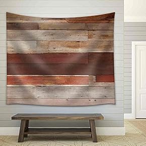 Ruin Wood Plank and Red Concrete Wall - Fabric Wall Tapestry Home Decor - 51x60 inches