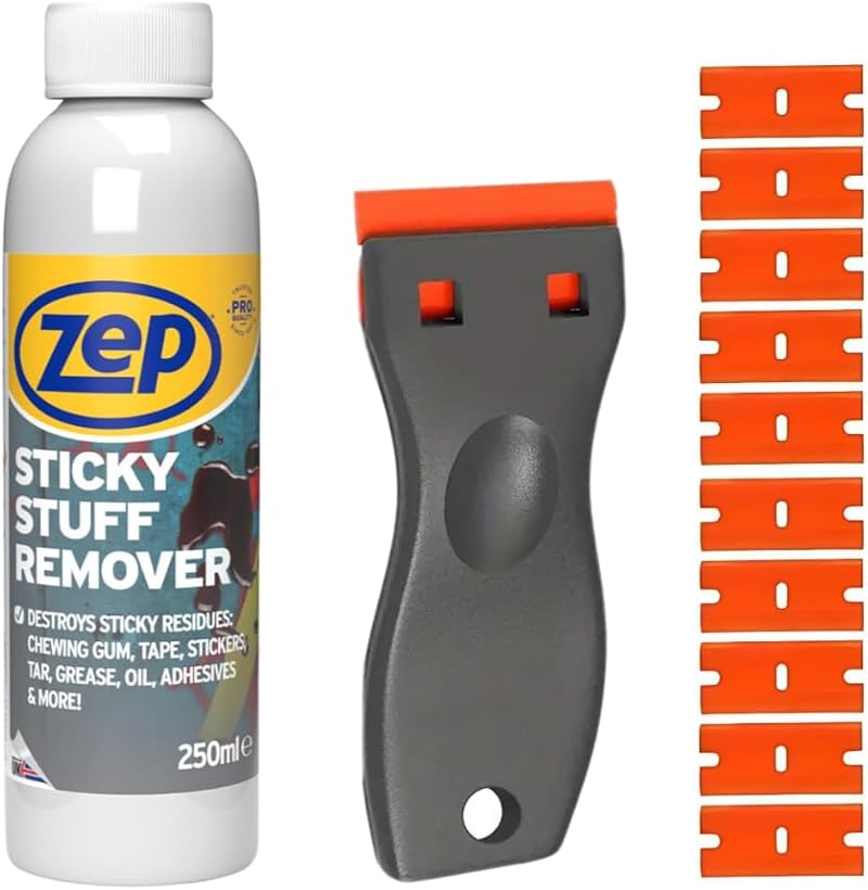 Zep Sticky Stuff Remover 250ml Bundle with Scraper Tool & 10 Blades