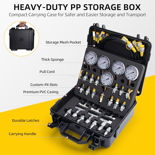 GRYVOZE Hydraulic Pressure Test Kit with 5 Gauges(Max 10000 PSI), 13 Test Couplings 14 Tee Connectors 5 Test Hoses, Hydraulic Gauge Tester Set for Excavator, Construction, Machinery, and Mine