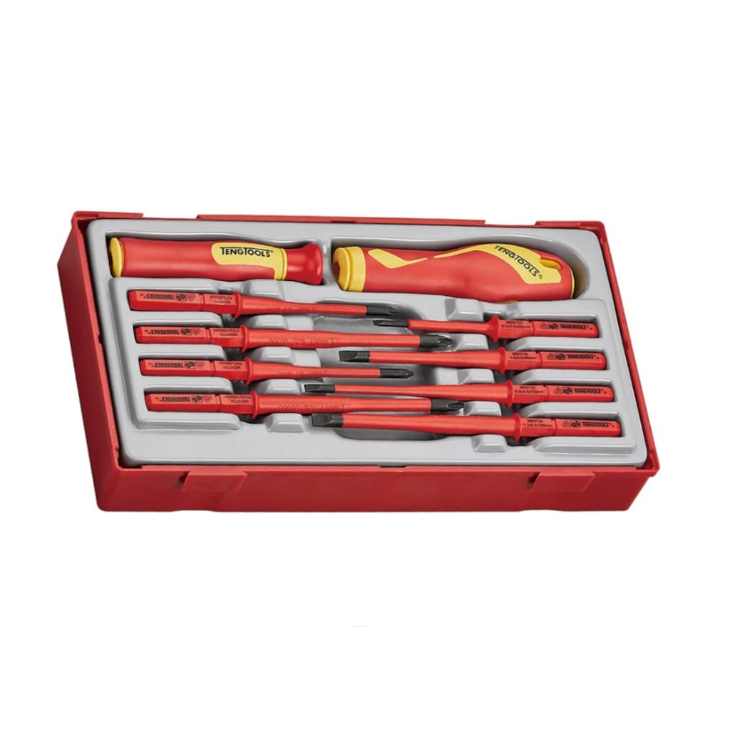 Teng Tools 10 Piece 1000 Volt Insulated Screwdriver Set | Electricians Tools | Slotted, Phillips (PH), Pozidriv (PZ) Interchangeable Blades - TTV710N, Red
