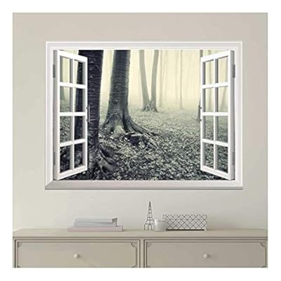 Modern White Window Looking Out Into a Gray Foggy Forest - Wall Mural, Removable Sticker, Home Decor - 36x48 inches