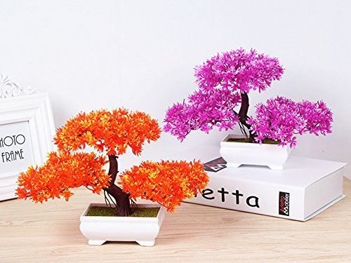 Frjjthchy Mini Artificial Bonsai Tree Plants with Plastic Cement Pots for Home Office Décor (Yellow) - Thumbnail 2