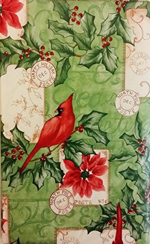 Christmas Cardinals Among Poinsettias and Holly Vinyl Flannel Back Tablecloth (60" Round)