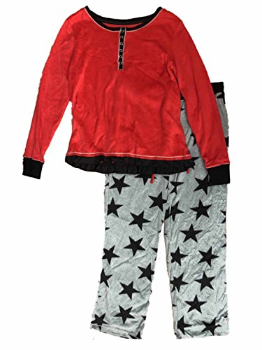 Olsenboye Womens Gray & Red Pajamas Black Stars Fleece Snap Button Top Sleep Set