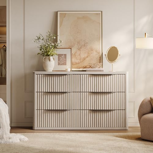 SICOTAS Dresser for Bedroom 107" Wide 6 Drawer Dressers & Chests of Drawers for Closet Long Large Modern TV Stand Set for Clothes Storage Fluted Wide Clothes Closet for Hallway Entryway, White Alder