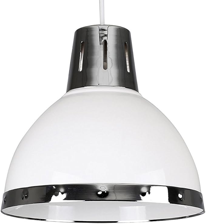 Retro Style Silver Chrome & Gloss White Metal Domed Ceiling Pendant