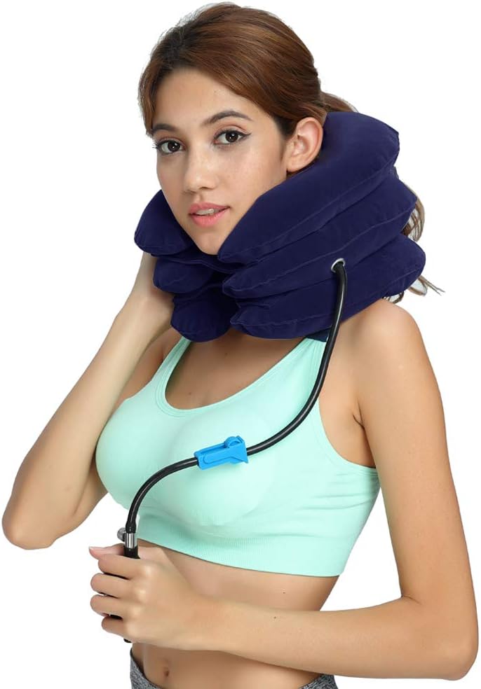 Cervical Neck Traction - Effective Neck Pain Remedy at Home - Inflatable & Adjustable Neck Stretcher Collar Device - Ideal for Spine Alignment & Chronic Neck & Shoulder Pain Relief (Blue): Health & Personal Care