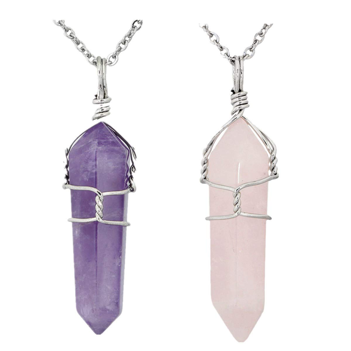 KYEYGWO Pack of 4 Crystal Points Stone Pendants Necklace for Women and Men, Hexagonal Crystals Pendants with Chain