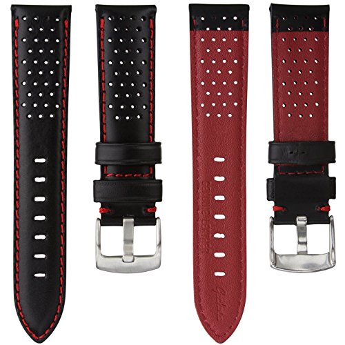 Geckota Genuine Italian Leather Perforated Watch Band, Black with Red Stitching, 24mm