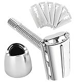 Safety Razor with Stand, Oak Leaf Butterfly Open Chrome Finish Double Edge Shaving Razor with Metal Stand and 5 Platinum Super Blades, Shaving Kit for Gentlemen