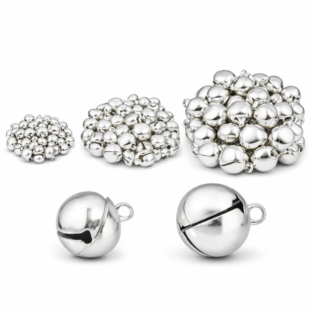 Perlin 750 pieces jingle bells metal bells 10 mm + 8 mm + 6 mm jingle bells with eyelet, silver colour, set, crafts, metal bells, mini pendant for jewellery making, Christmas decoration, DIY