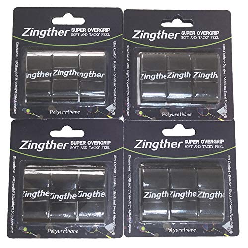 Zingther Professional Premium Super Tacky Grip Overgrip Tape Bulk Bundle Pack for Tennis Rackets, Squash Raquets, Badminton Racquets, Racquetball Rackets and Pickleball Paddle (Black, 12 Grips)