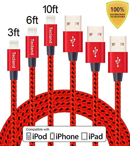 Tecland iPhone 3 Pack 3ft 6ft 10ft Lightning to USB Cables Charging Cord Charge and Sync for iPhone 7,6s,6s Plus, 5s, 5, SE, iPad air/2/mini, iPad 1/2/3/4 (red black)