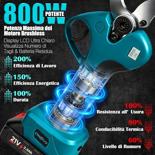 Cheffery Electric Pruning Shears, 60 mm Professional Electric Pruning Shears with Steel Blade SK5 800W Brushless Motor LCD Screen, Electric Scissors for Garden Farm (With Battery)
