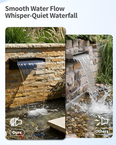 POPOSOAP 8" Pond Waterfall Spillway Filter Kit, 304 Stainless Steel Water Blade Weir with 7-Colour LED Lights & Remote, Quiet Pump, 9.84ft Hose for Garden Pond Water Feature