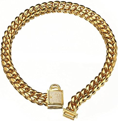 Gold Dog Collar Royal Metal Buckle Locking Stainless Steel 14mm Thick Training Collar Cuban Link with Zirconia Lock Necklace Chain for Strong Dog (18 inch)