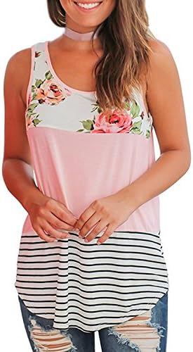 Kaislandy Womens Striped Floral Tank Tops Summer Casual Color Block Sleeveless T Shirts