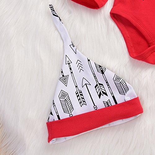 4Pcs Christmas Baby Boy Girls Long Sleeve Snow Romper Bodysuit+Arrow Pant+Hat+Headband Clothes (6-12Months, Red&White)