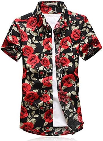 MZjJPN Hawaiian Style Short Sleeve Shirt Summer Fashion Rose Print Men's Casual Shirt