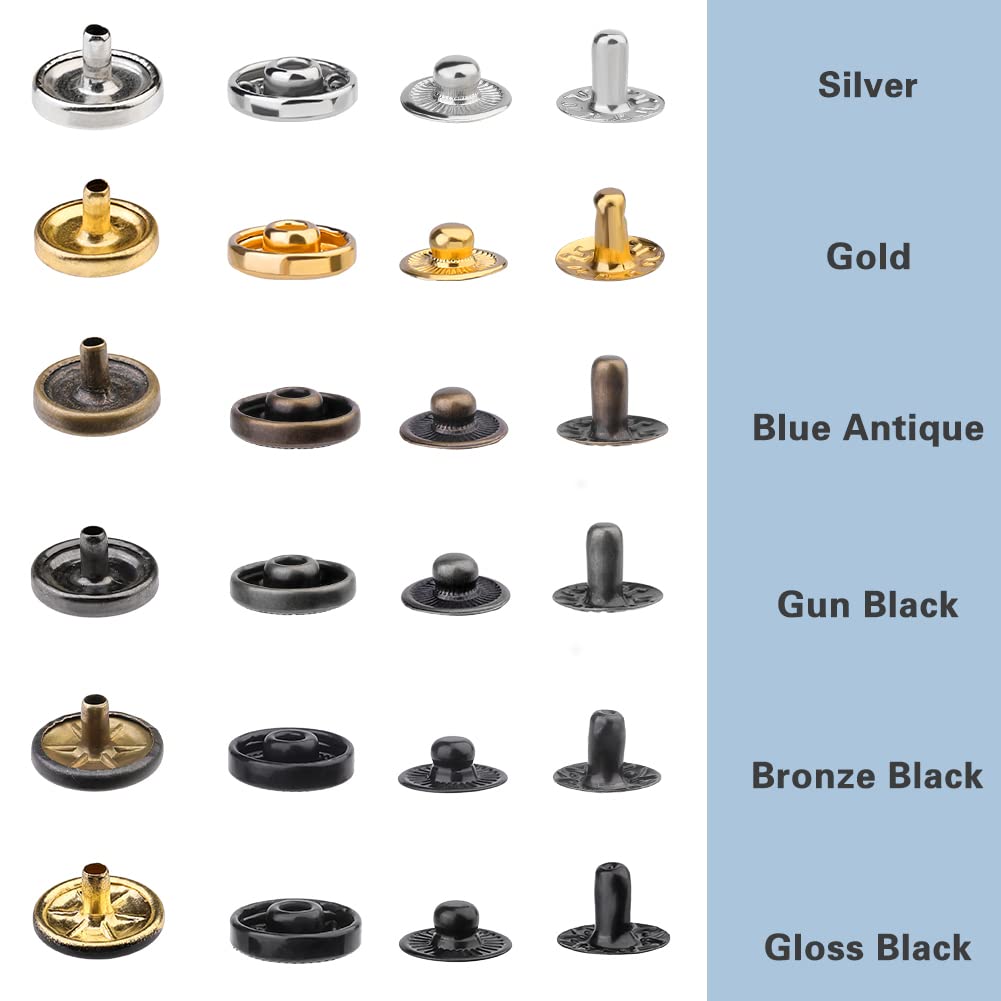 TLKKUE 120 Sets Snap Fasteners Kit, 10mm Snap Buttons with Rubber Hammer, 6 Color Metal Snap Buttons Press Studs with 4 Setting Tools, Snaps for Fabric, Clothes, Jackets, Jeans Wears, Bags, Leather