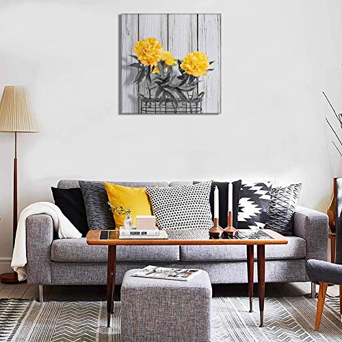 Yellow Flowers Wall Art for Living Room Decoration Three Peonies Blossoming in Glass Bottle Canvas Painting Black White Wooden Floral Prints Framed Beige Decor Picture 12×12 Inches Home Mural Artwork