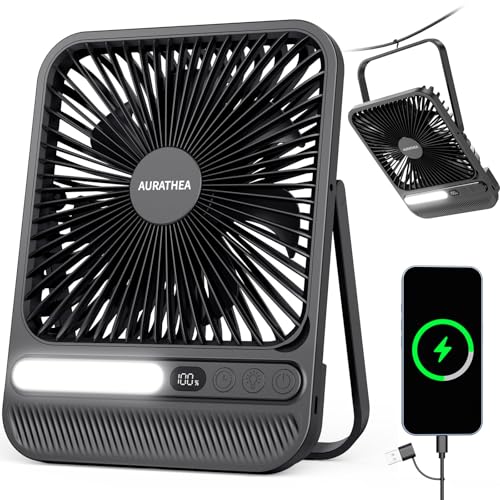 AURATHEA Ventilateur portable 10000 mAh, Ventilateur rechargeable Ultra-Mince de 7'' avec lumière LED, écran LCD et minuteur, Pour camping, bureau, chambre, croisières